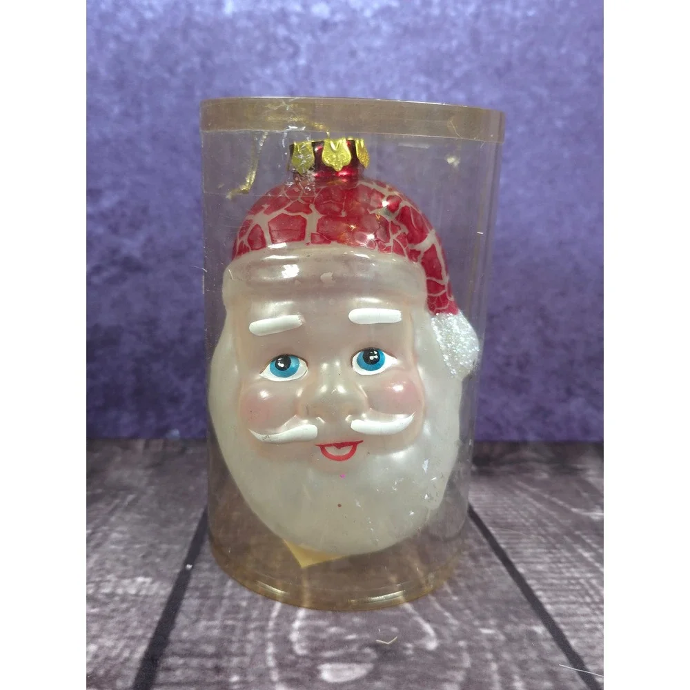 Vintage Santa Claus Face Blow‎ Mold Christmas Ornament Shiny Red Hat Blue Eyes